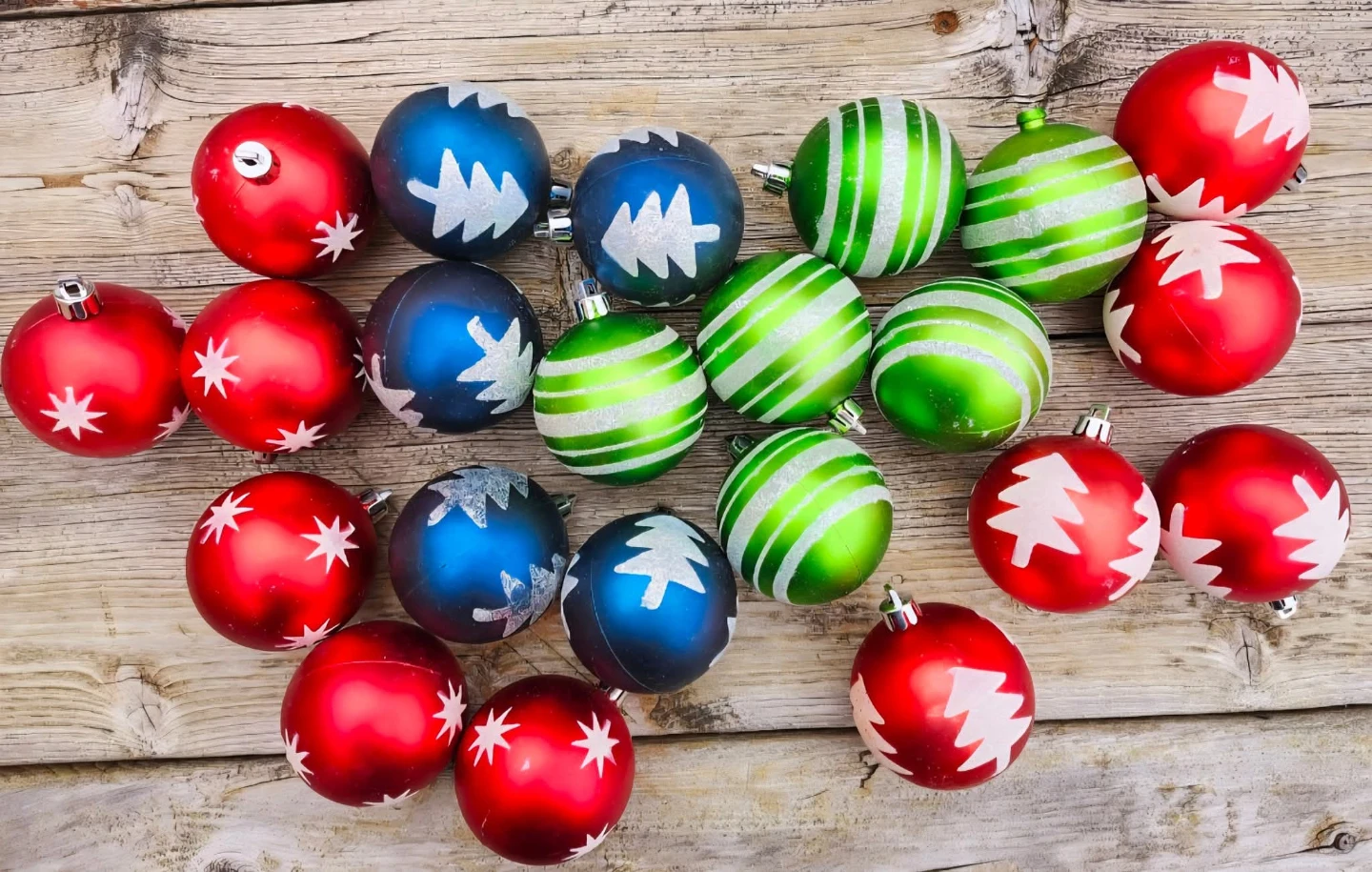 Painted decorative holiday ornaments.