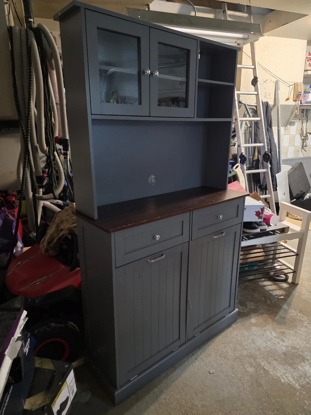 Grey Kitchen Hutch with Cabinet Doors and Drawers