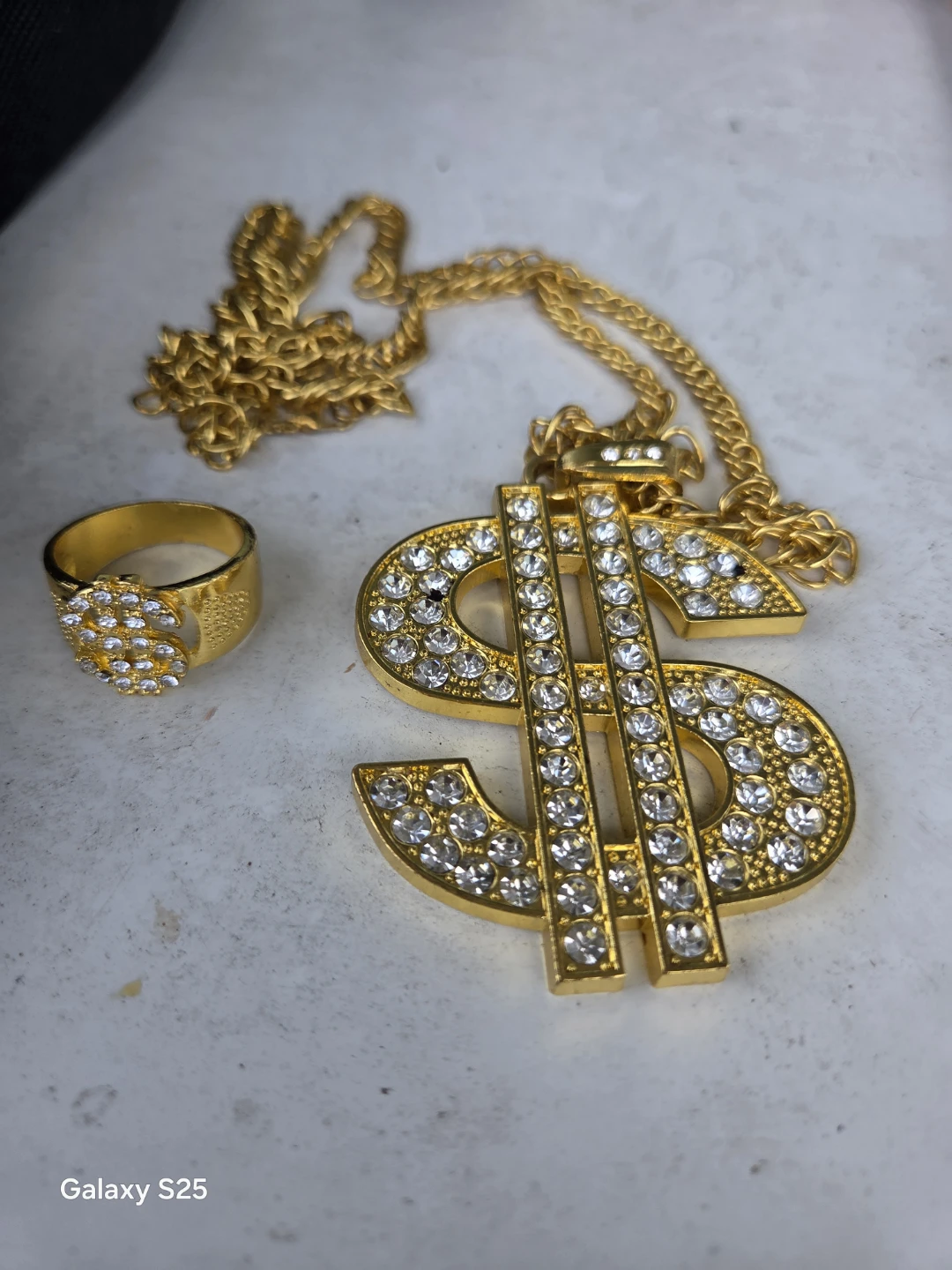 Gold Dollar Sign Pendant Necklace and Ring Set