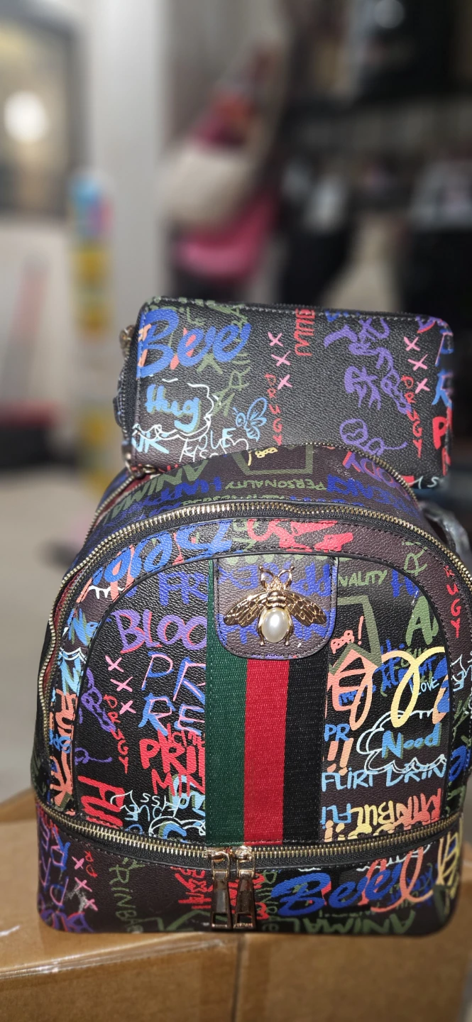 Graffiti Print Backpack with Matching Wallet