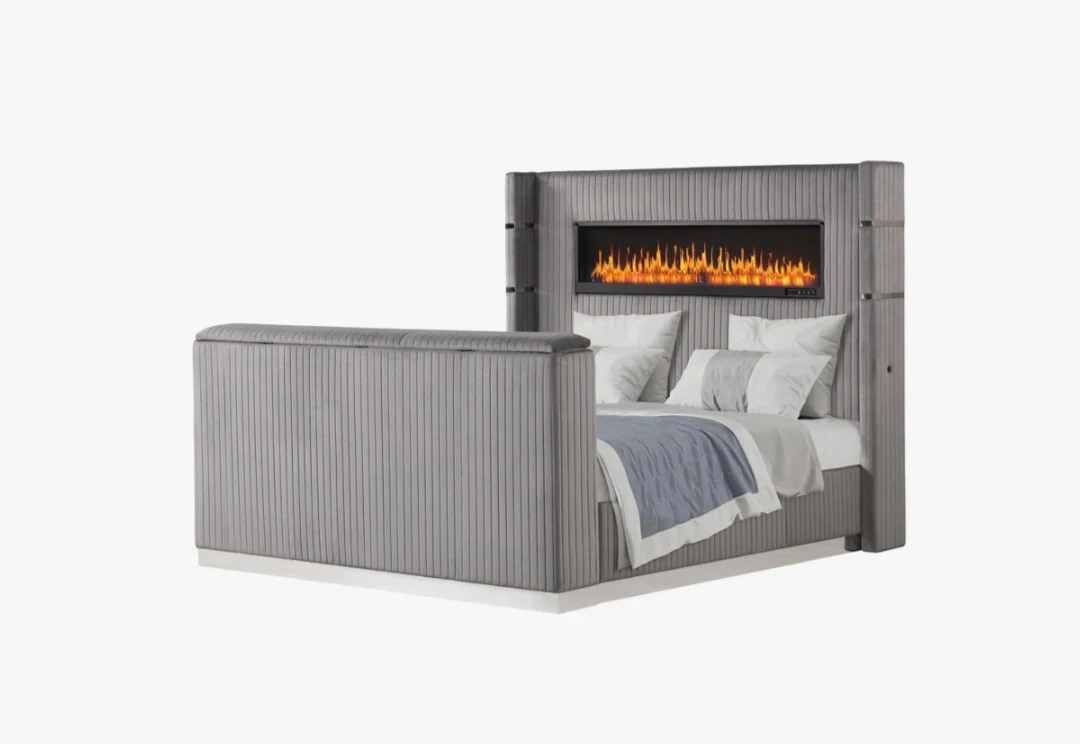 Grey Upholstered Bed Frame with Electric Fireplace and TV Lift