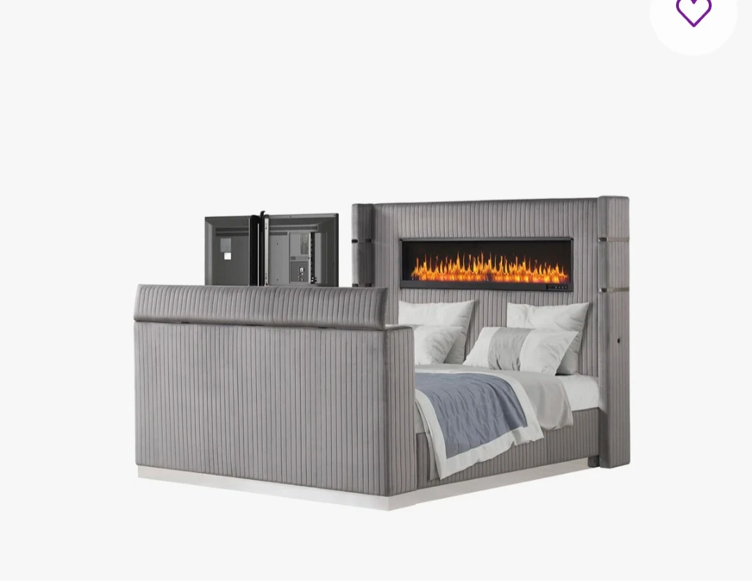 Grey Upholstered Bed Frame with Electric Fireplace and TV Lift - photo 2