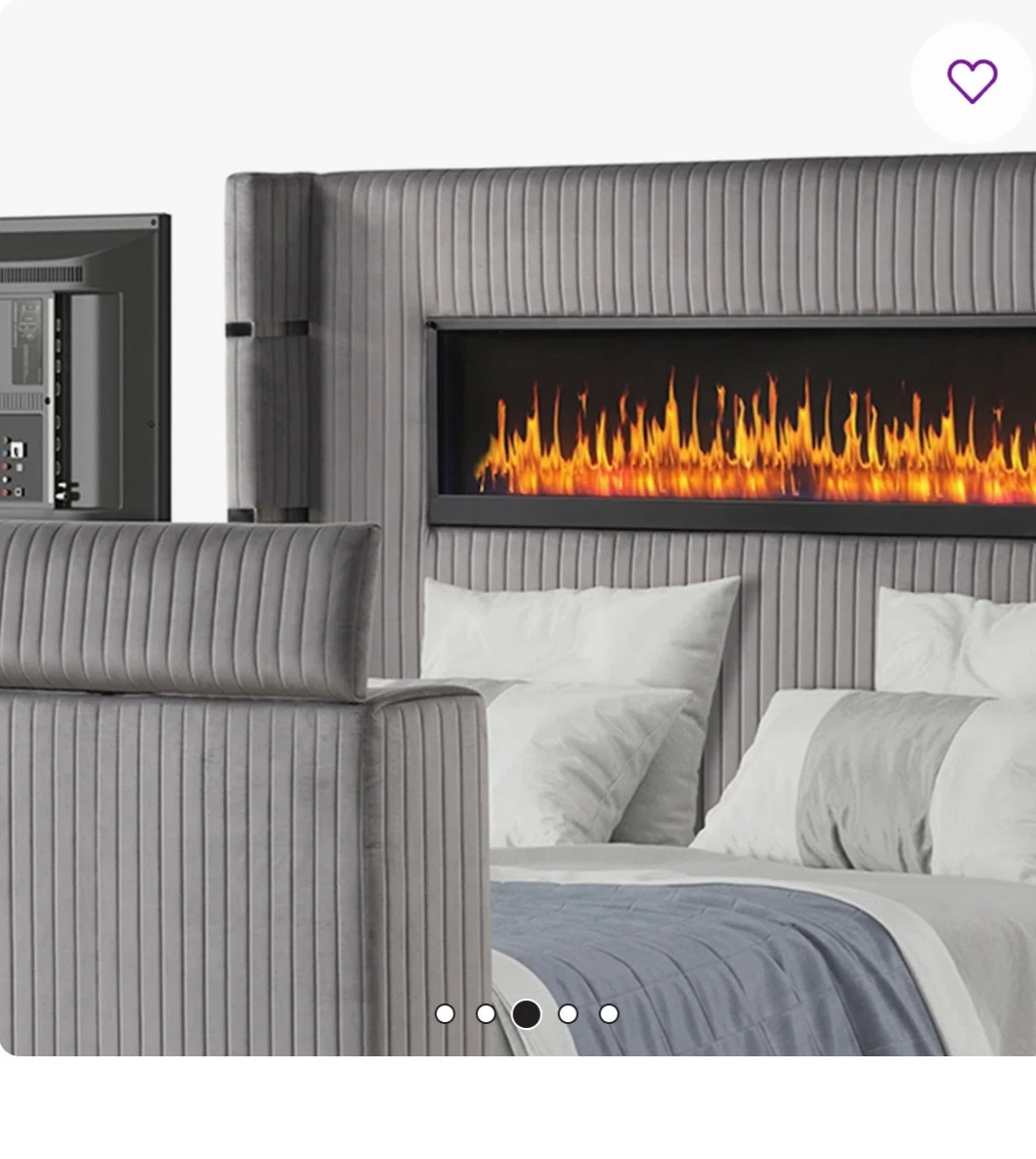 Grey Upholstered Bed Frame with Electric Fireplace and TV Lift - photo 3