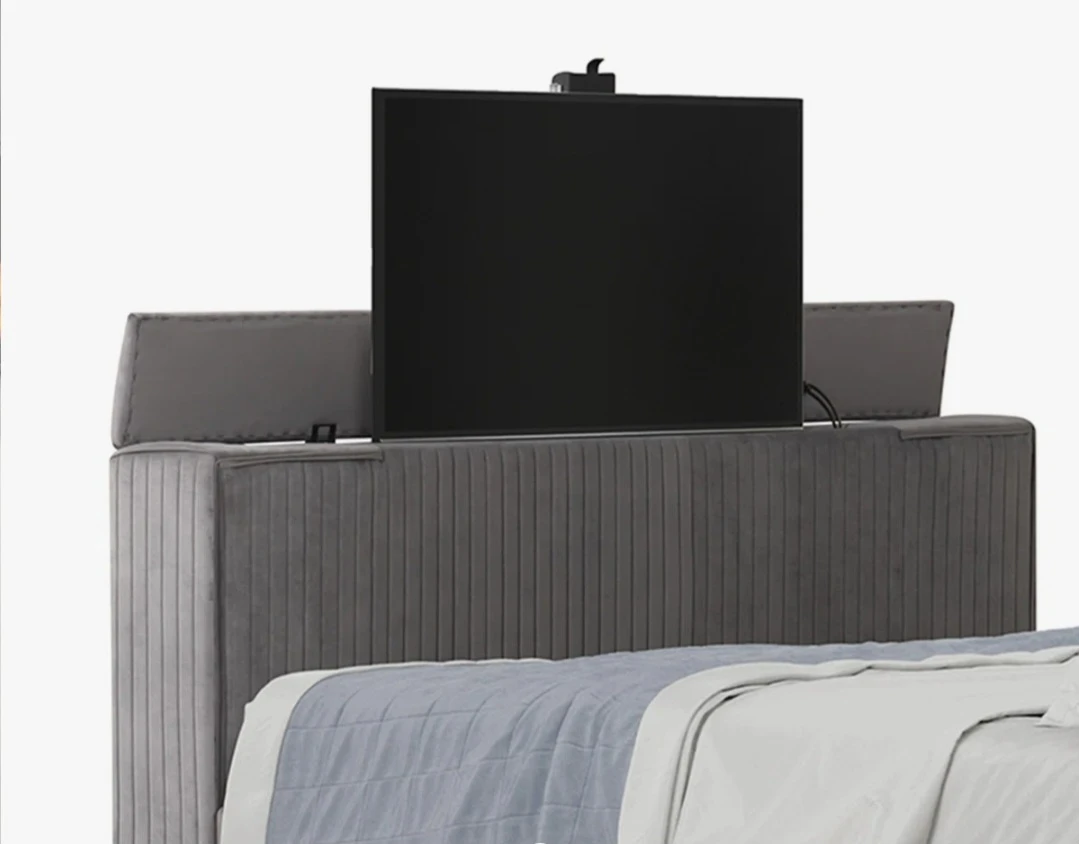 Grey Upholstered Bed Frame with Electric Fireplace and TV Lift - photo 4