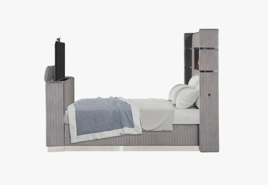 Grey Upholstered Bed Frame with Electric Fireplace and TV Lift - photo 5