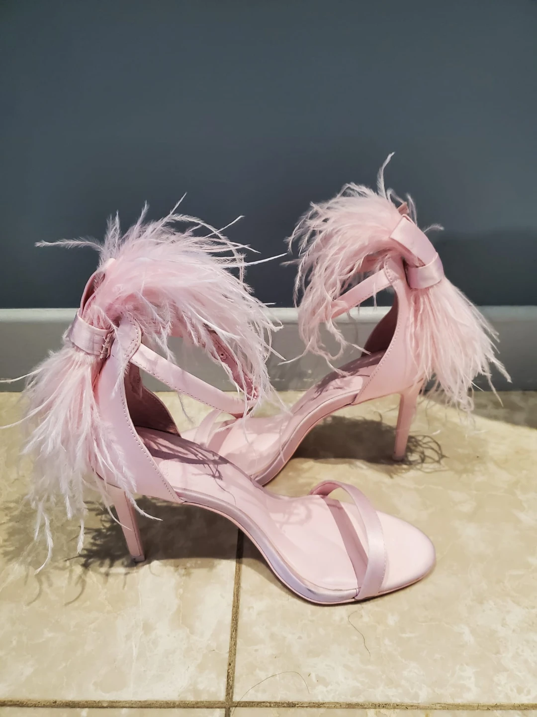 Pink Feather Ankle Strap Heels