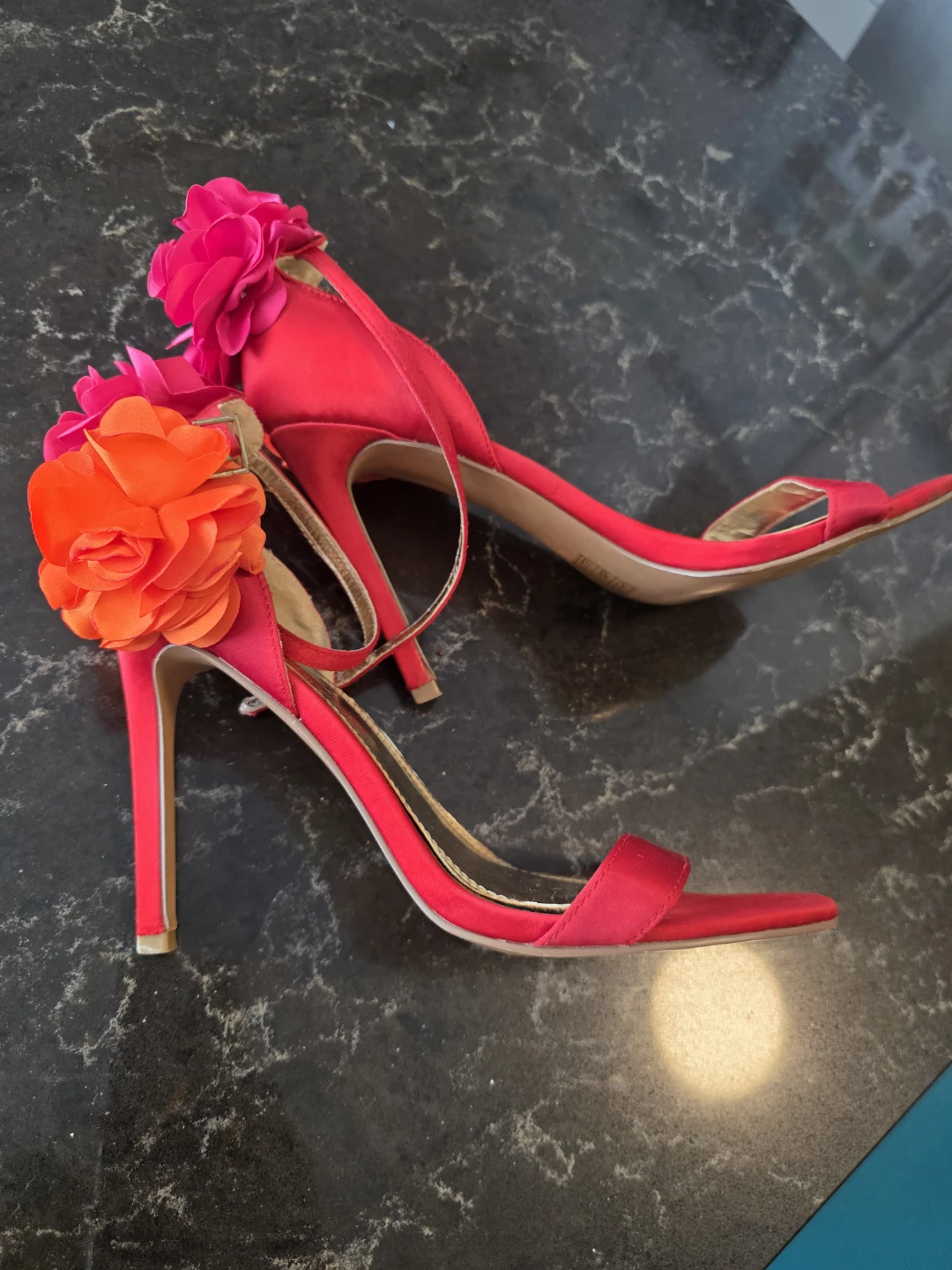 ASOS Red Satin High Heel Sandals with Floral Embellishments