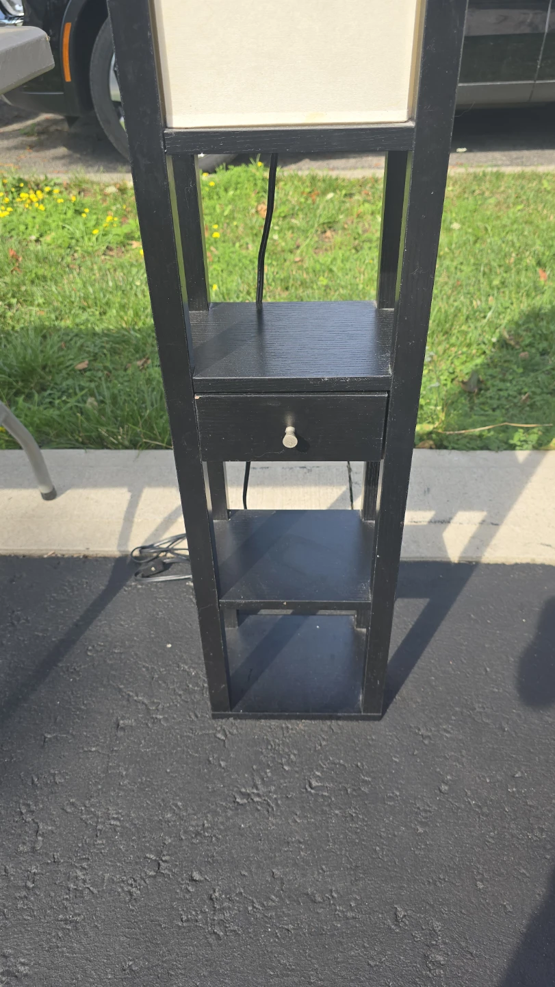 Black Floor Lamp with Shelves and Drawer