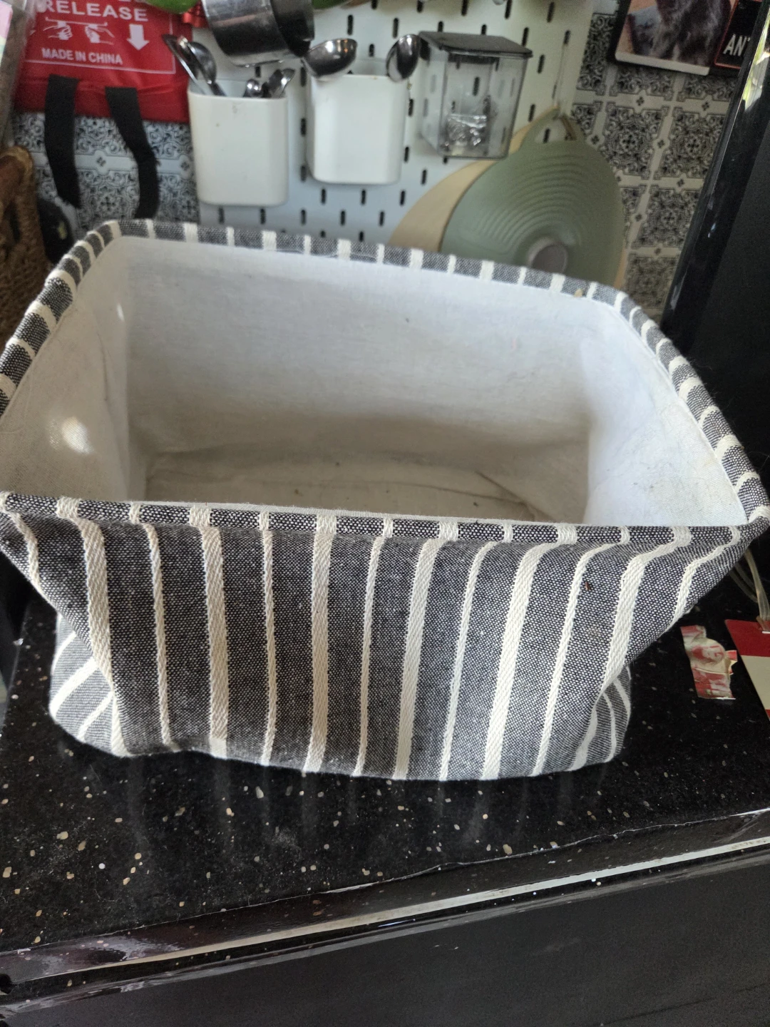 Striped Fabric Storage Basket with Wooden Beads - photo 2