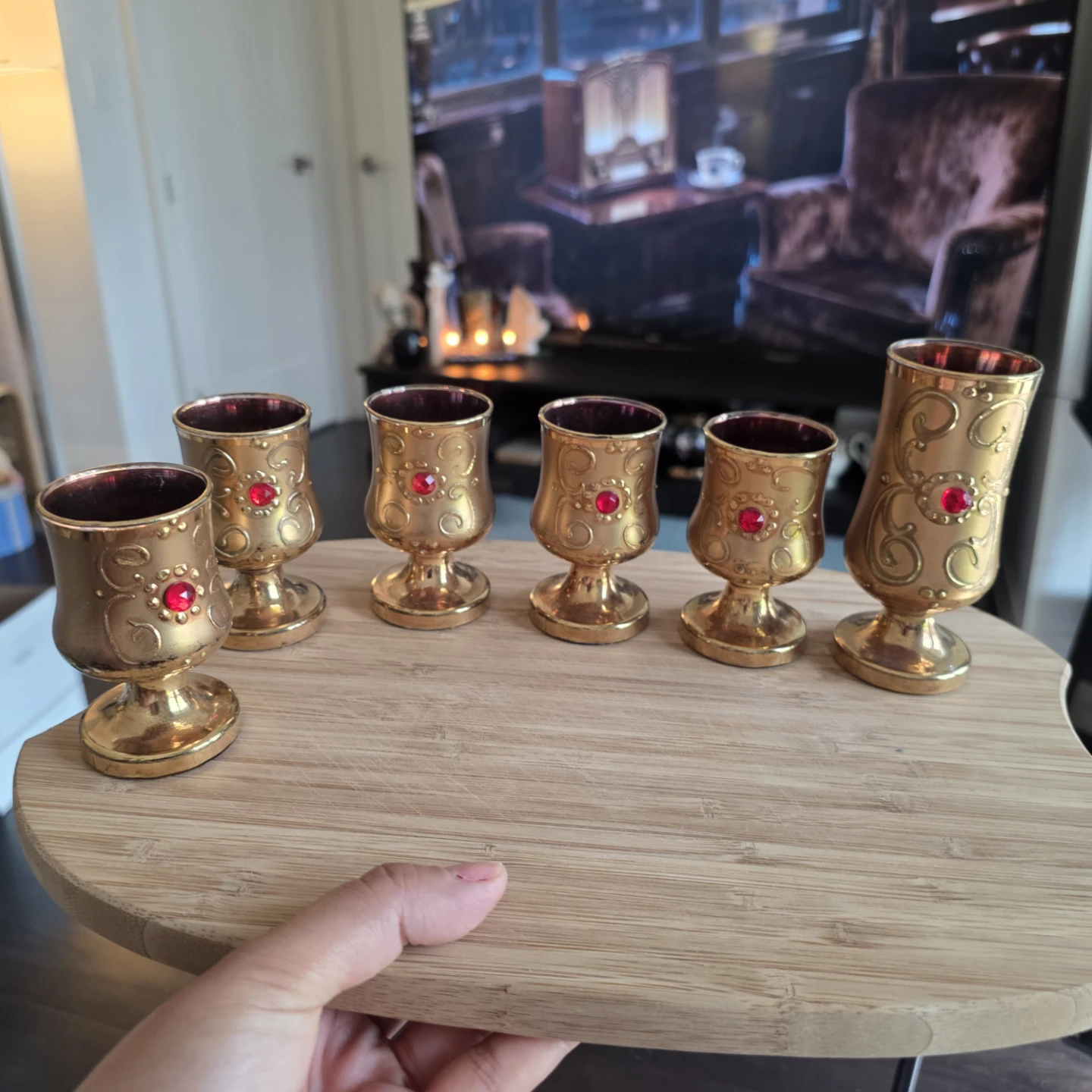 Set of 6 Vintage Gold Goblets with Red Gems - photo 2