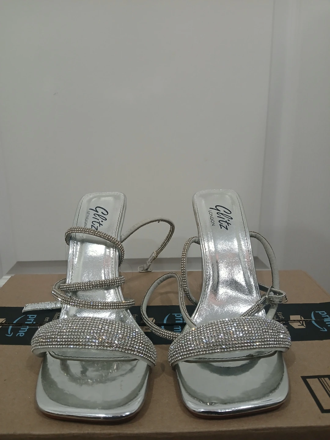 Glitz London Silver Rhinestone Block Heels
