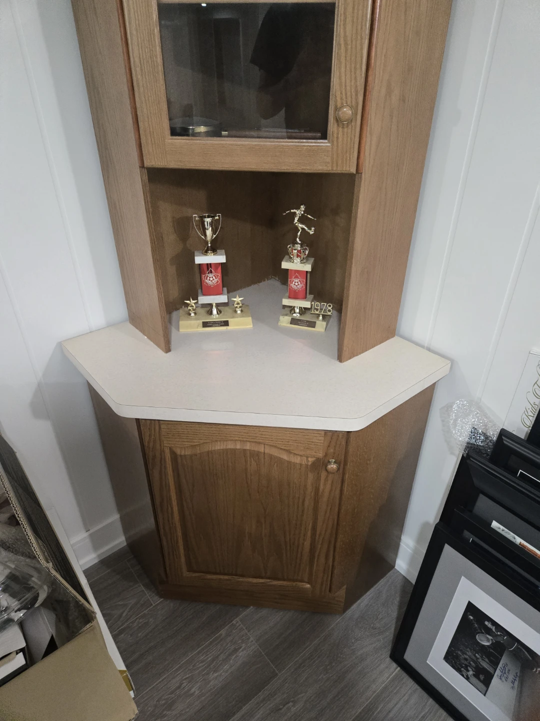 Custom Wooden Corner Cabinet with Glass Door..Two pieces. - photo 2