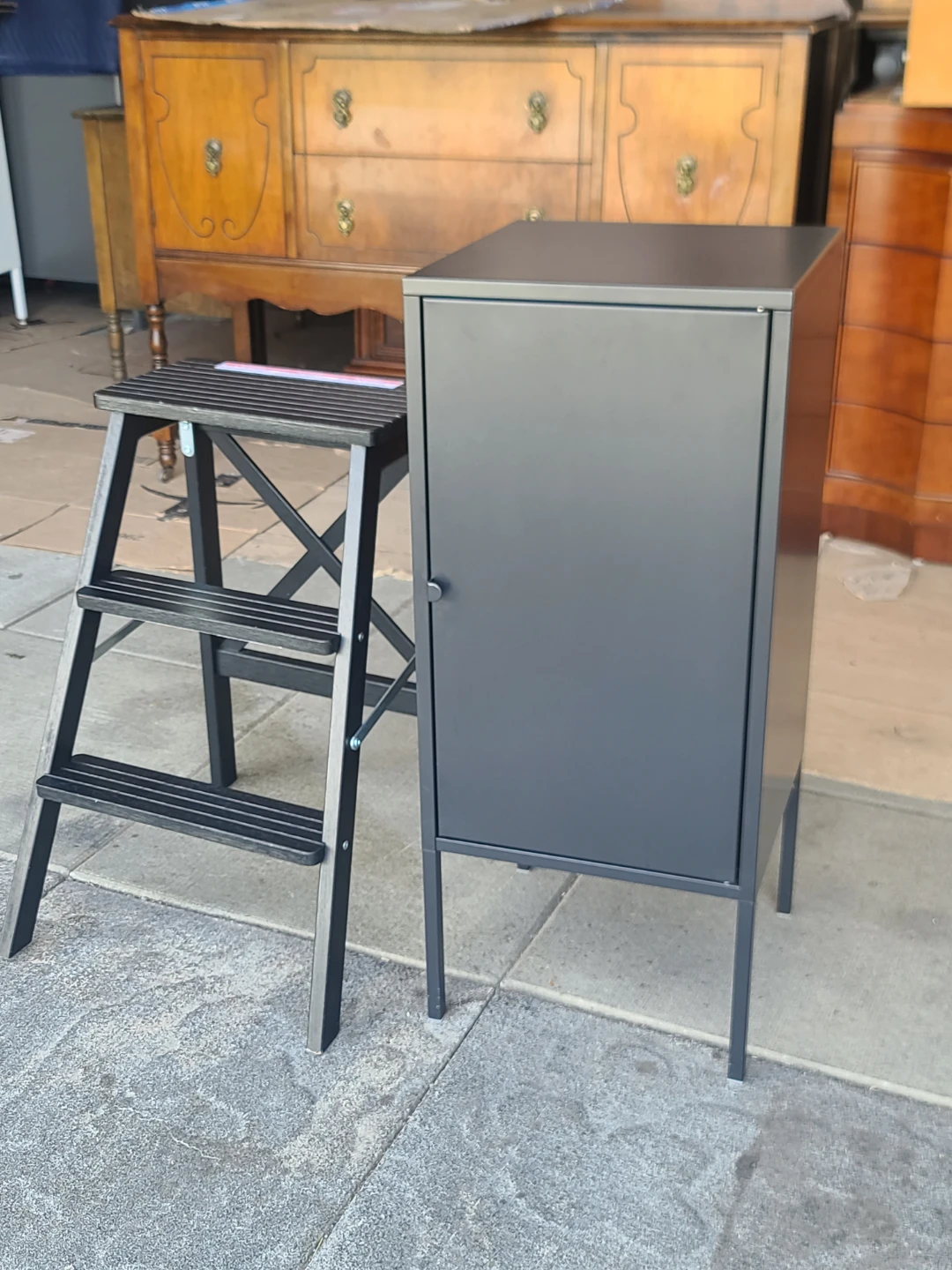 Black Metal Storage Cabinet with Step Stool