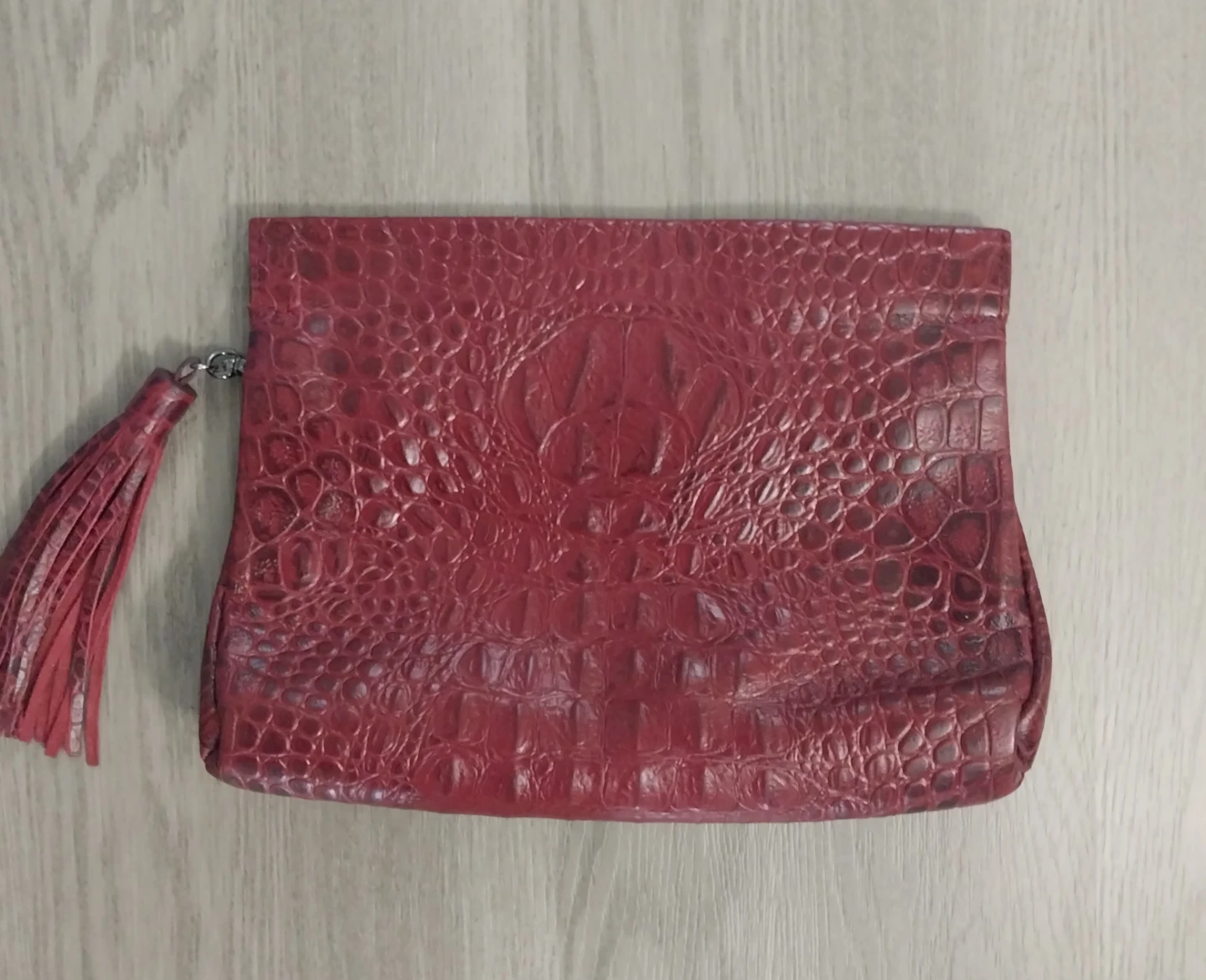 Red Croc Embossed Leather Clutch with Tassel
