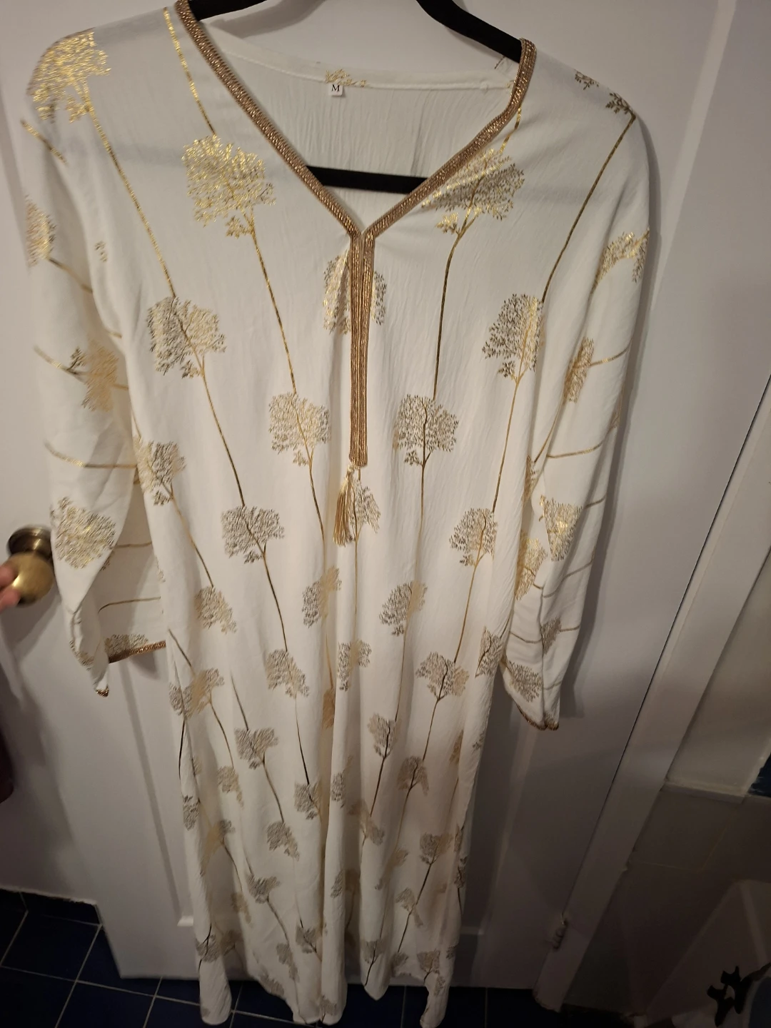 White Kaftan Dress with Gold Tree Pattern Size M - photo 2