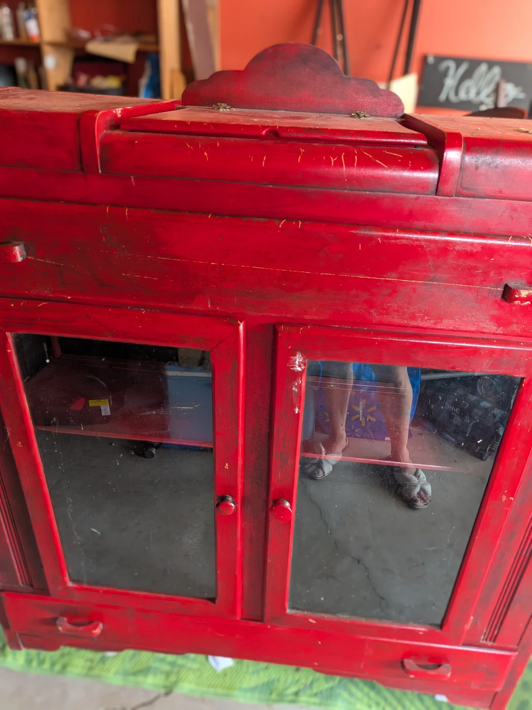 Red Wooden Display Cabinet with Glass Doors