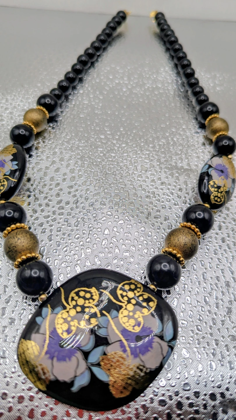 Black Beaded Necklace with Butterfly Pendant
