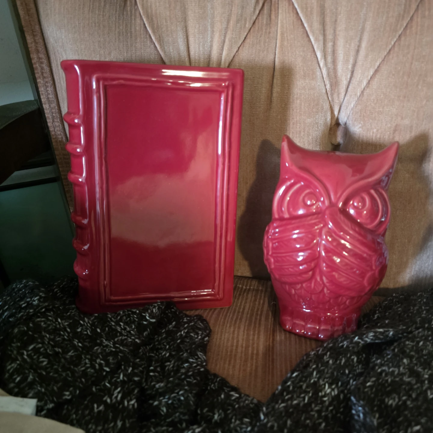 Red Ceramic Owl and Book Decor Pieces