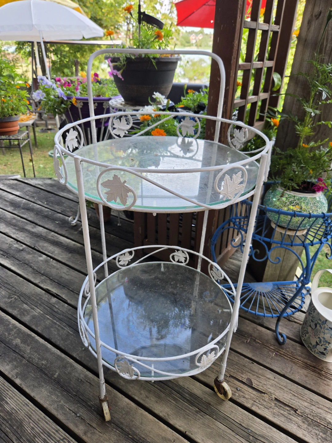 White Metal and Glass Tiered Plant Stand