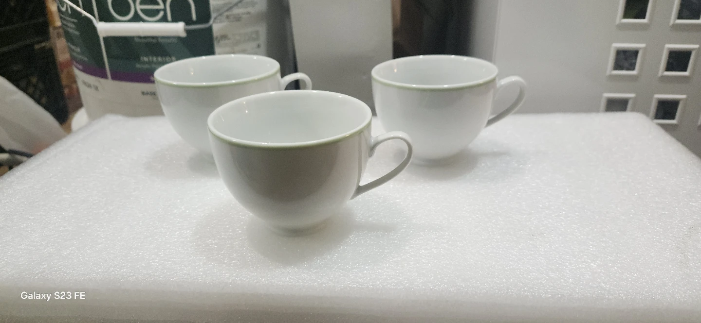 Set of 3 porcelain White Tea Cups with Green Rim