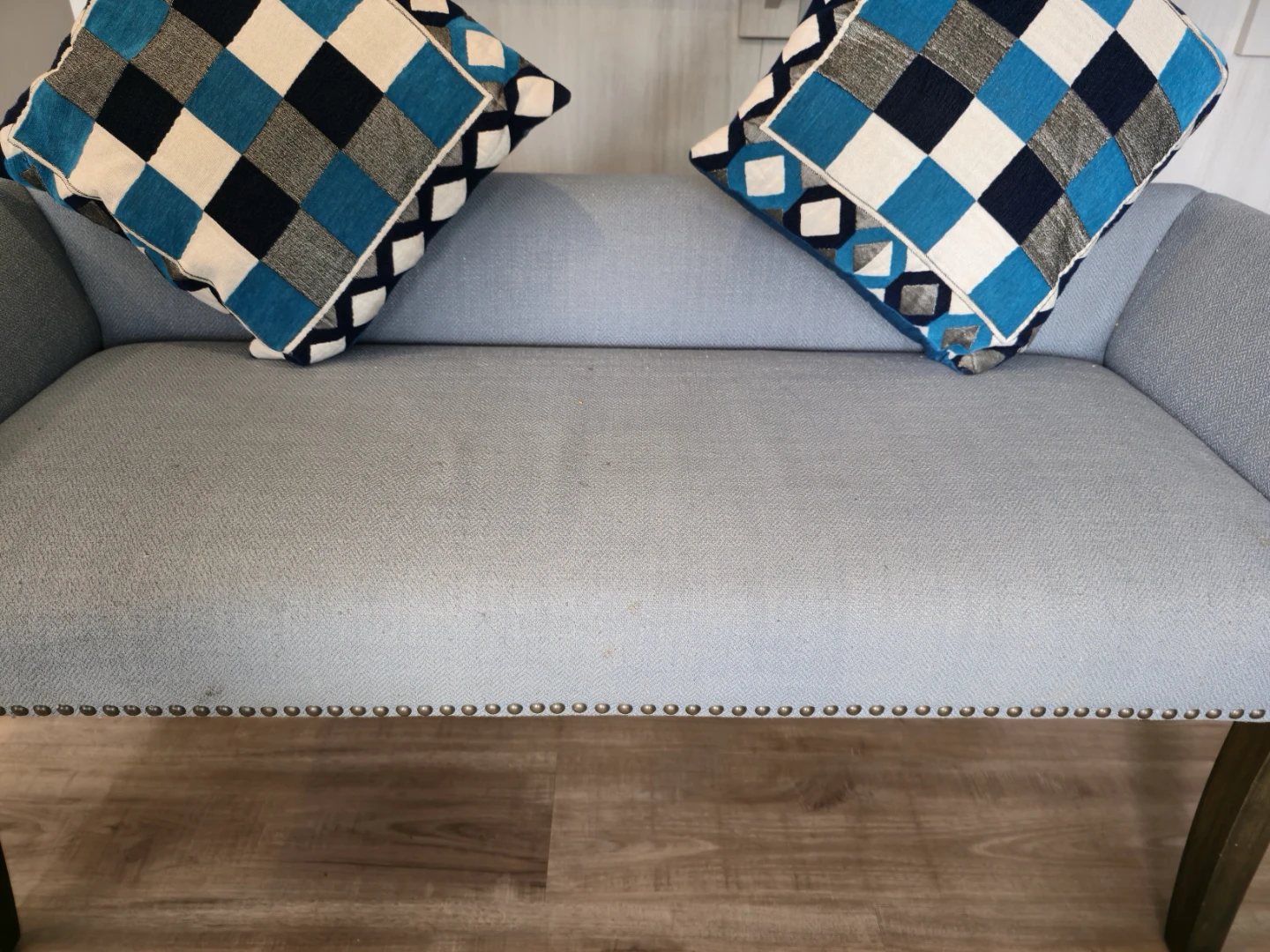 Light Blue Accent Bench with Decorative Pillows