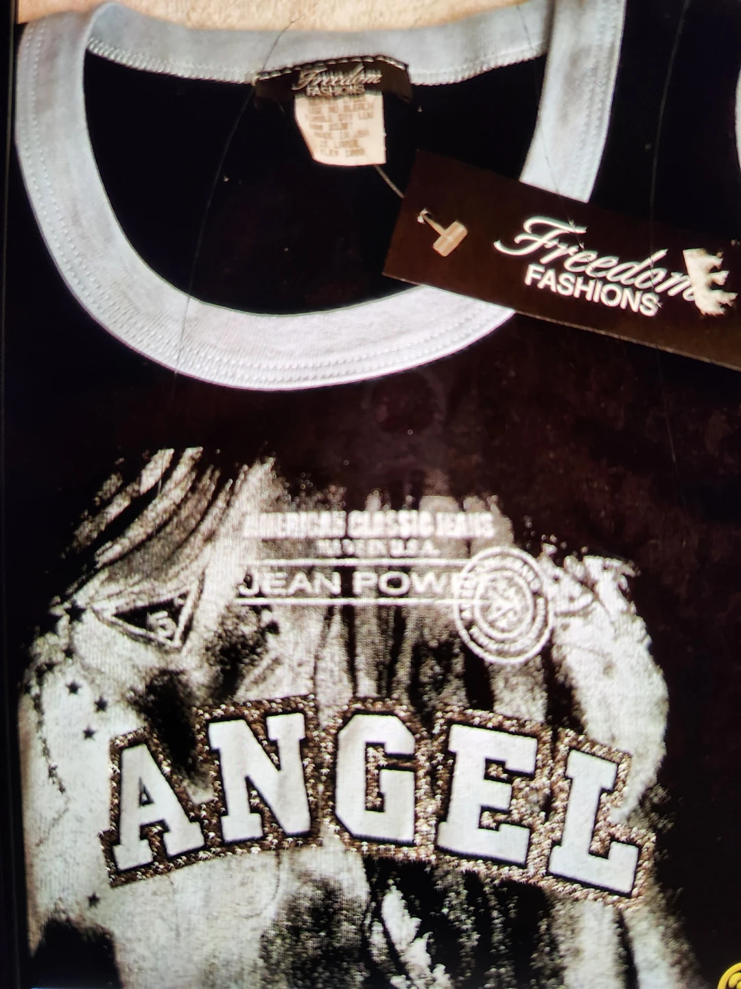 NEW ANGEL TOP TANK SHIRT, BLUE BLACK "JEAN POWER" 4 6 8 - photo 3