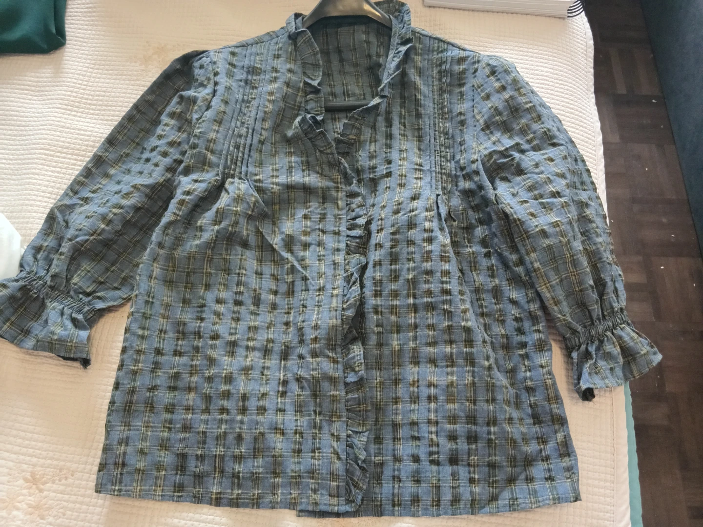 Blue Plaid Blouse with Ruffles