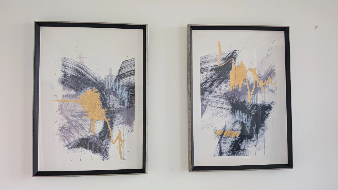 Set of 2 Abstract Framed Wall Art Prints Gold Grey