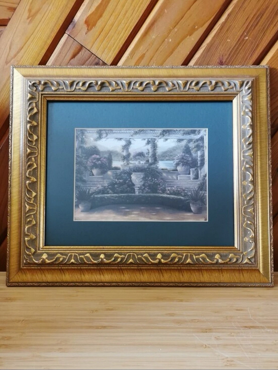 Vintage European Garden Courtyard Art Print Ornate Gold Frame
