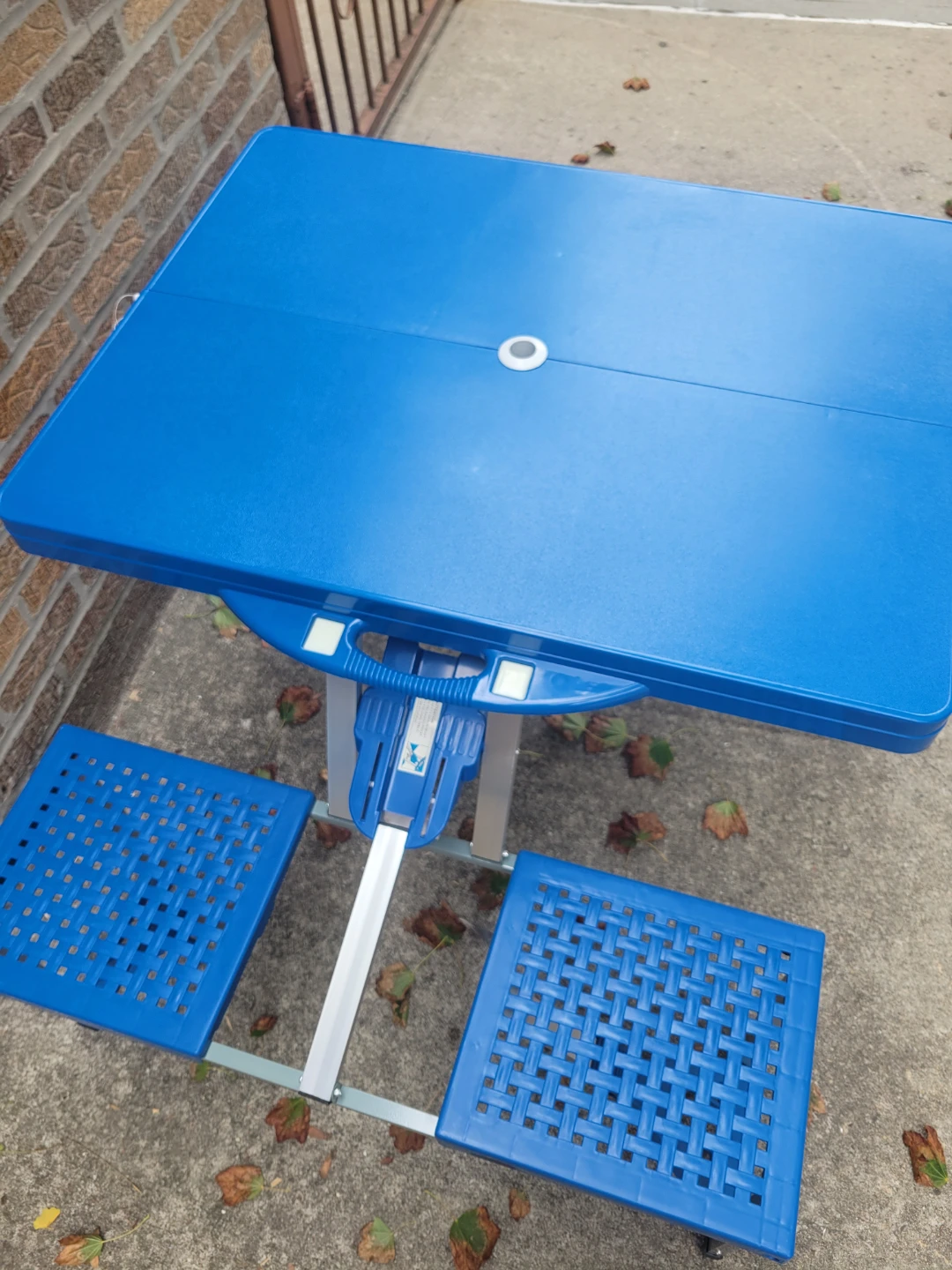 Blue Folding Picnic Table with 4 seats chairs and umbrella hold - photo 3