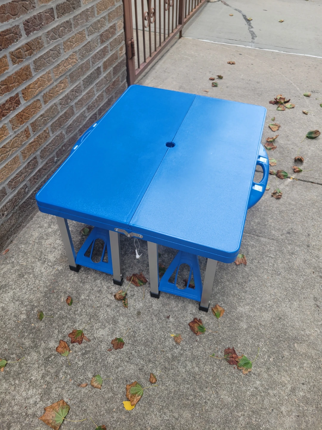 Blue Folding Picnic Table with 4 seats chairs and umbrella hold - photo 4