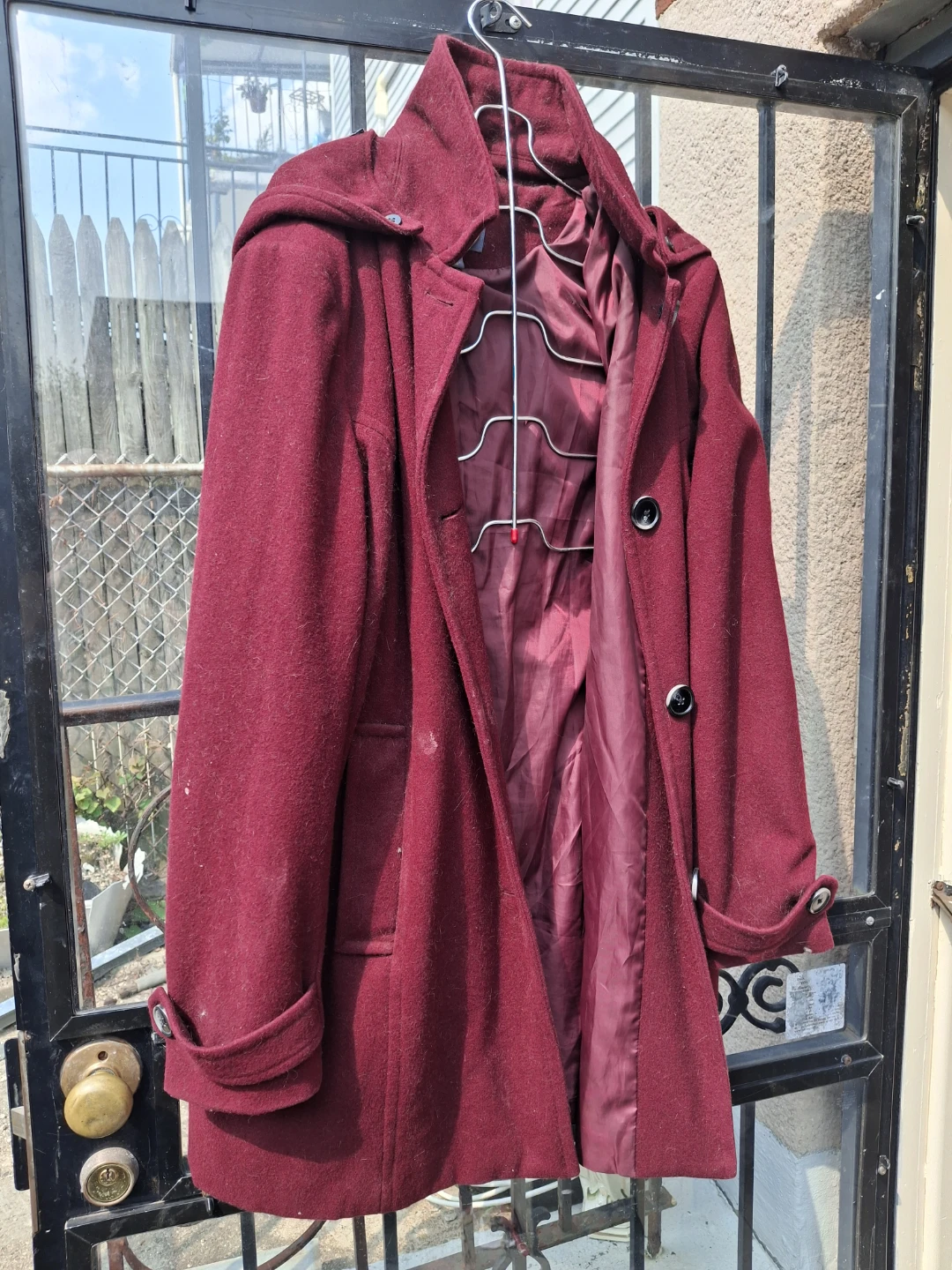 Women's Burgundy Wool Blend Coat with Hood