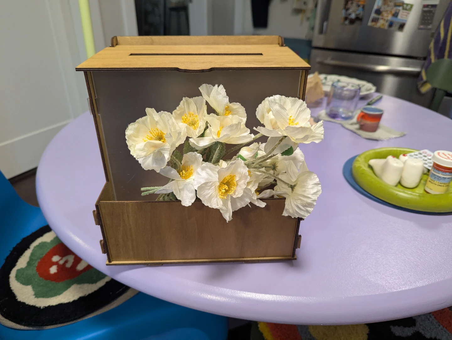 Wooden Donation Box with artificial flowers