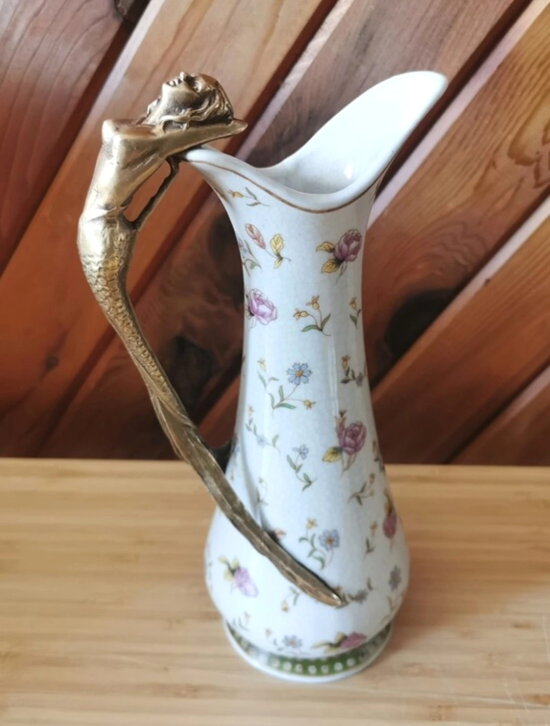 Art Nouveau Porcelain Ewer/Carafe/Vase Bronze Mermaid Handle - photo 4
