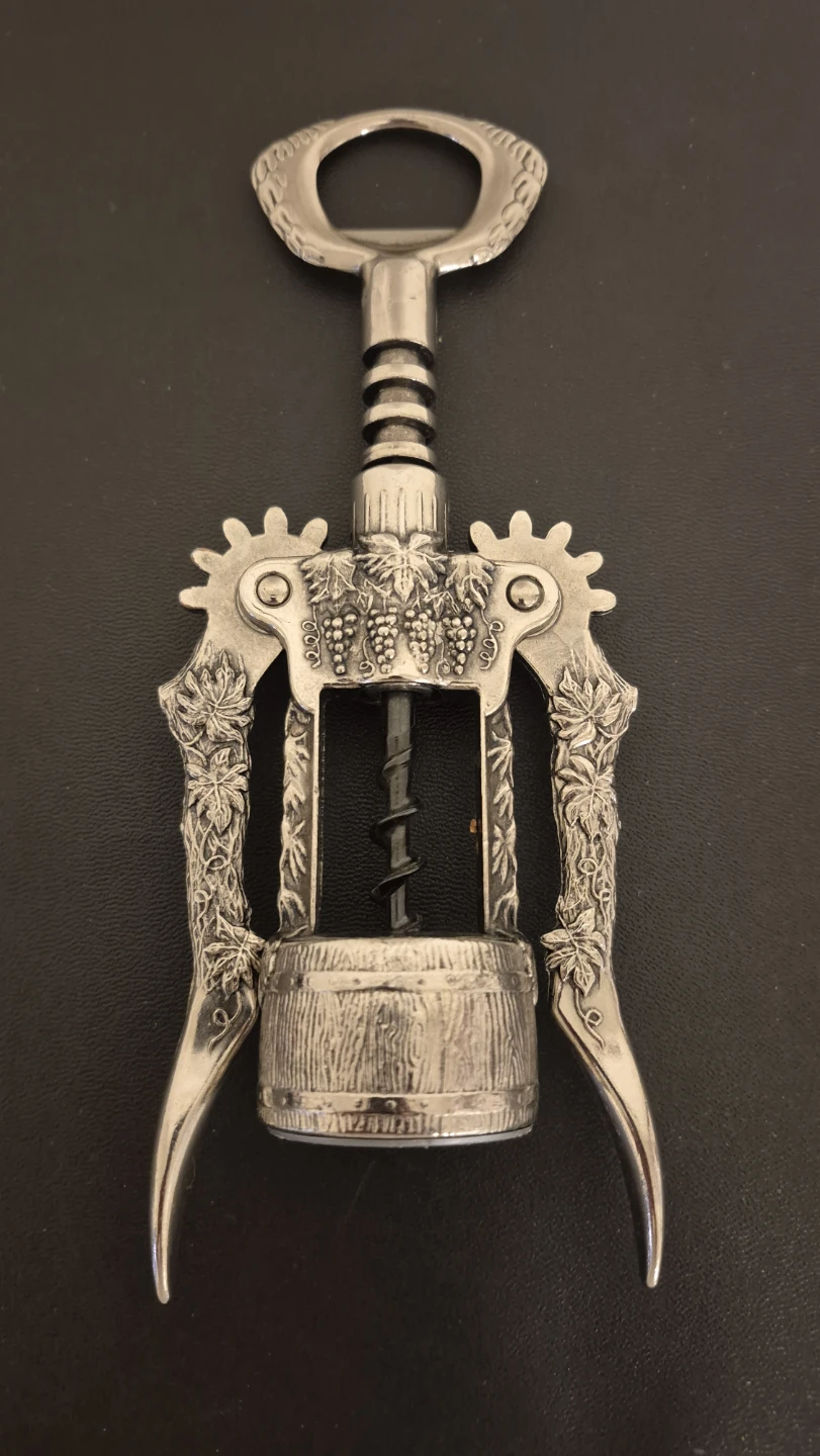 Vintage Pewter Corkscrew with Grape & Barrel Design