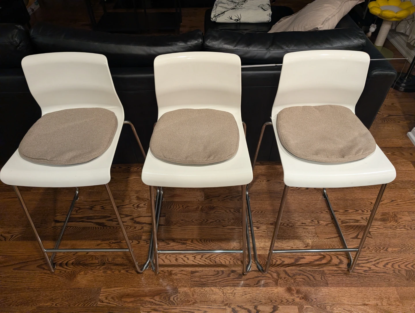 3 IKEA White Bar Stools with Tan Cushions