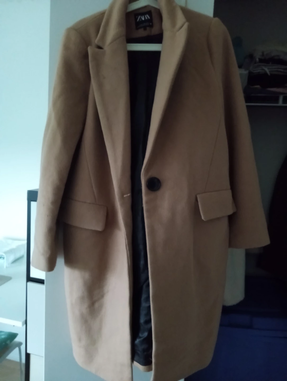 New ZARA camel Coat $20, fold it p.ut in the storage box .