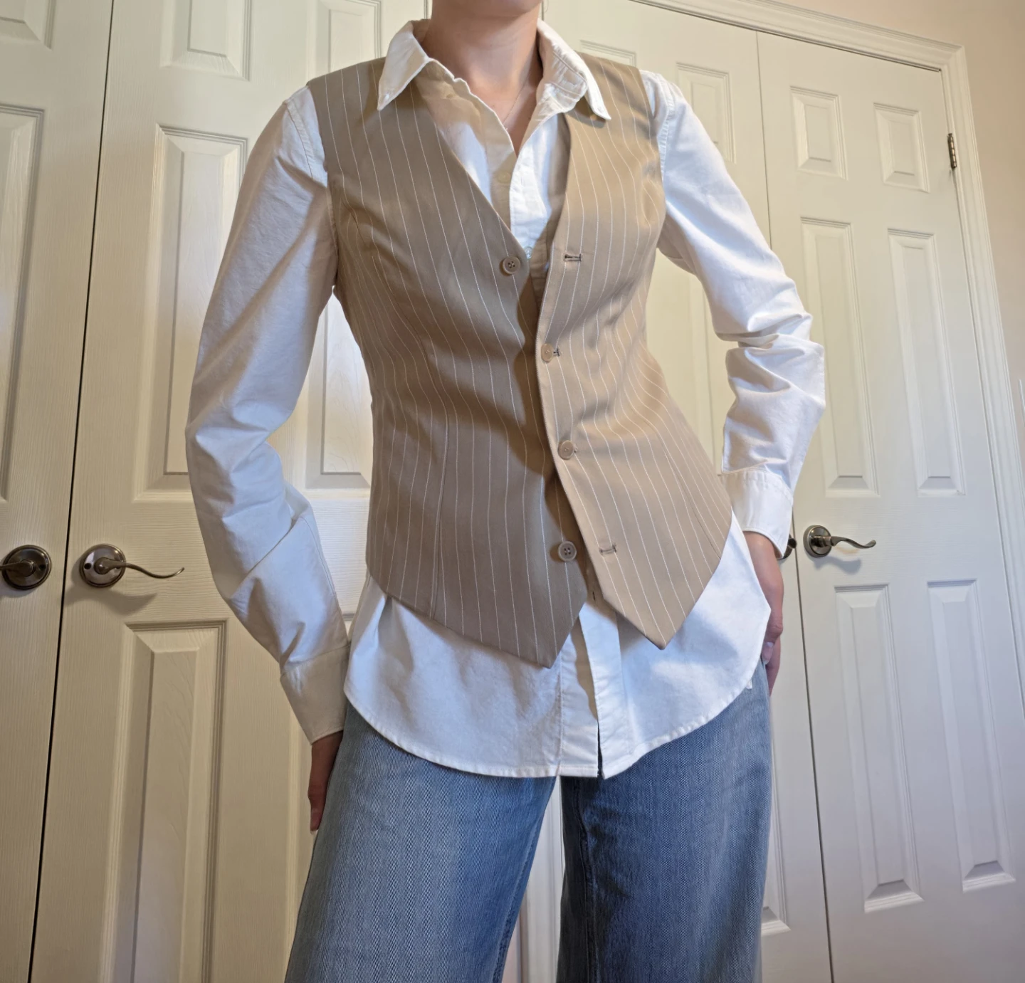 Suzy Pinstripe Vest with White Button-Up Shirt