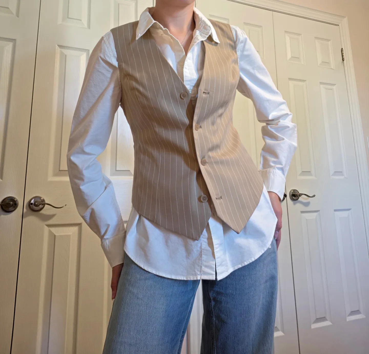 Suzy Pinstripe Vest with White Button-Up Shirt