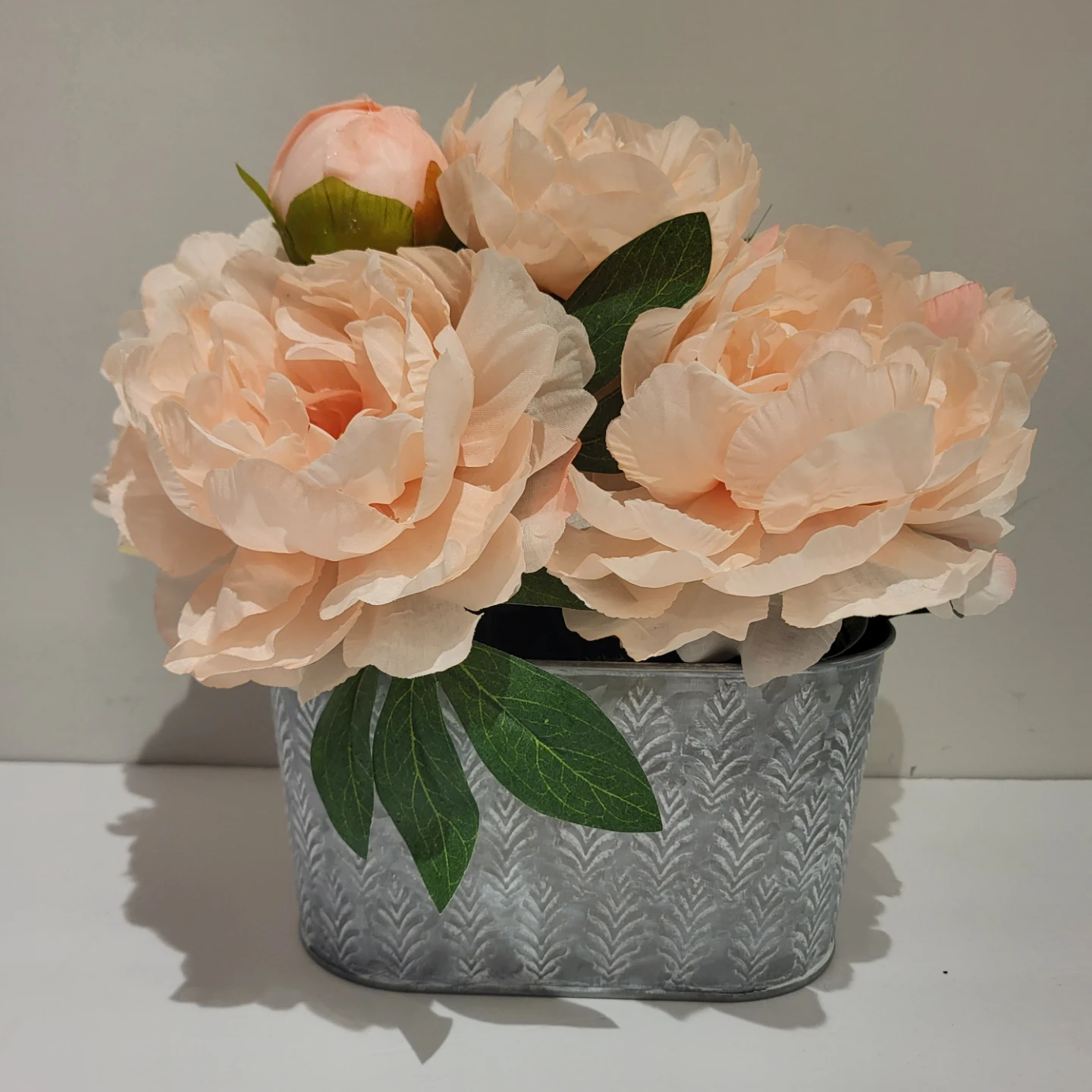 Artificial Peony Arrangement in Galvanized Pot