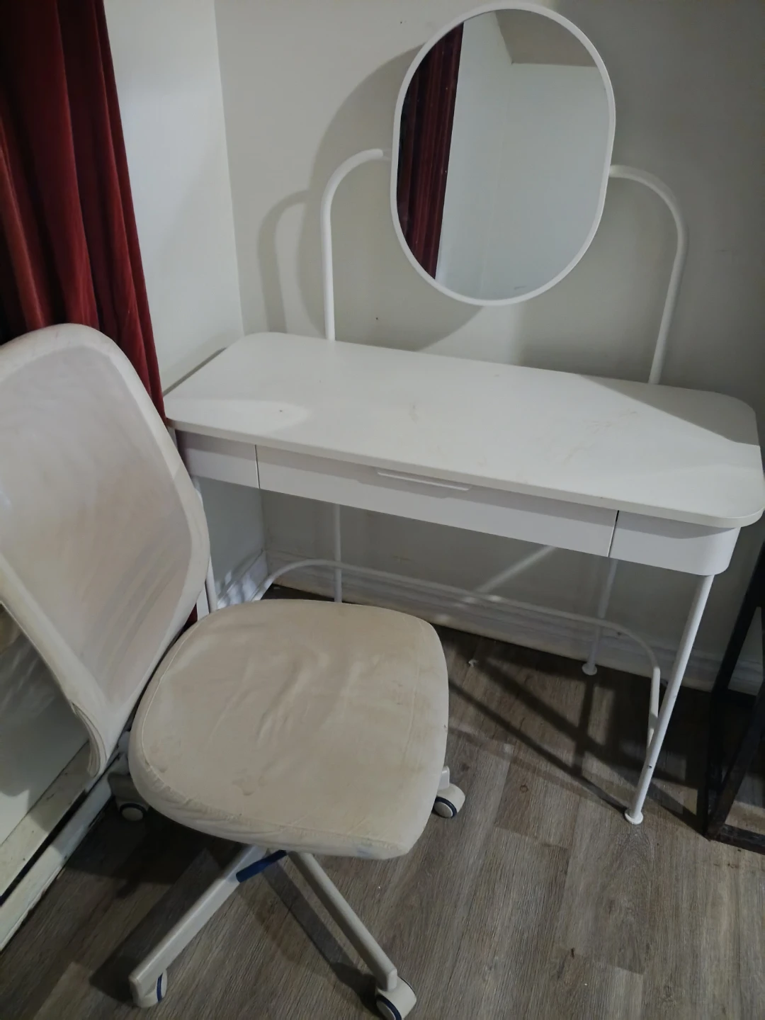 White Vanity Desk with Mirror and Chair