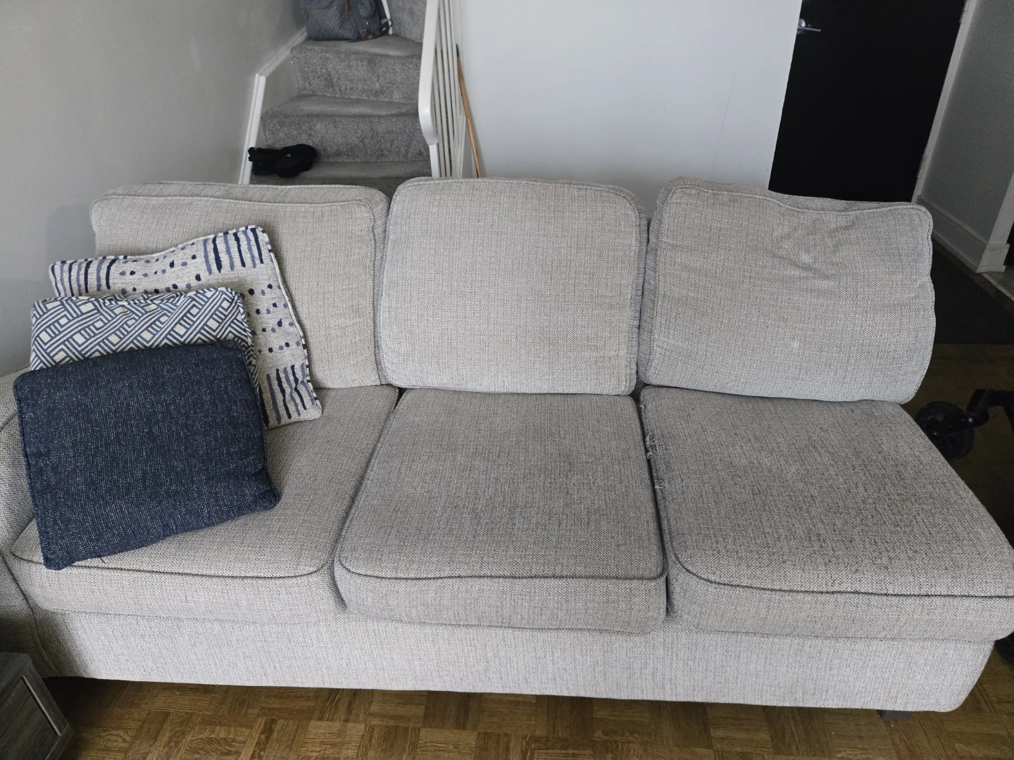 Grey Fabric Sofa with Throw Pillows