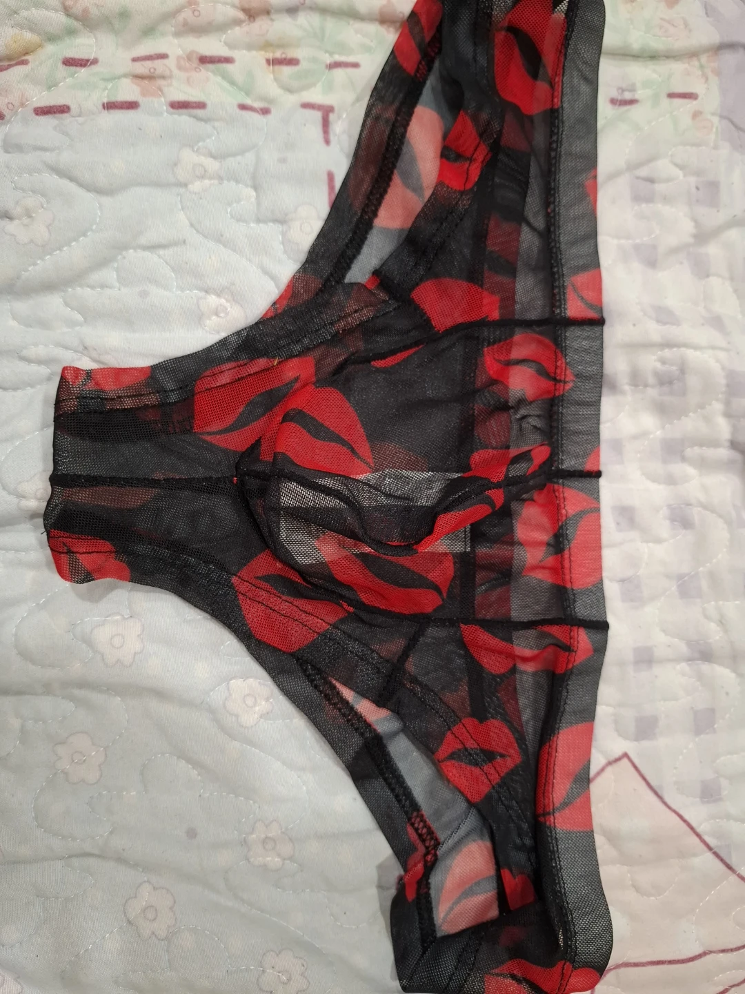 Sheer Mesh Thong with Red Lips Pattern