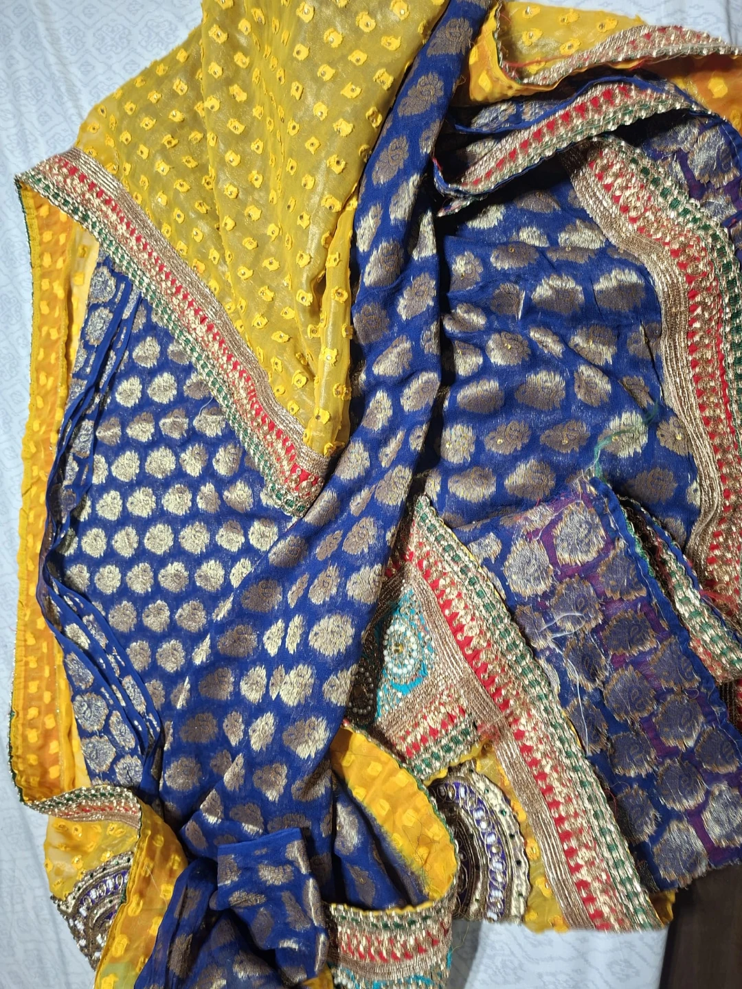 Embroidered Saree - Yellow & Blue