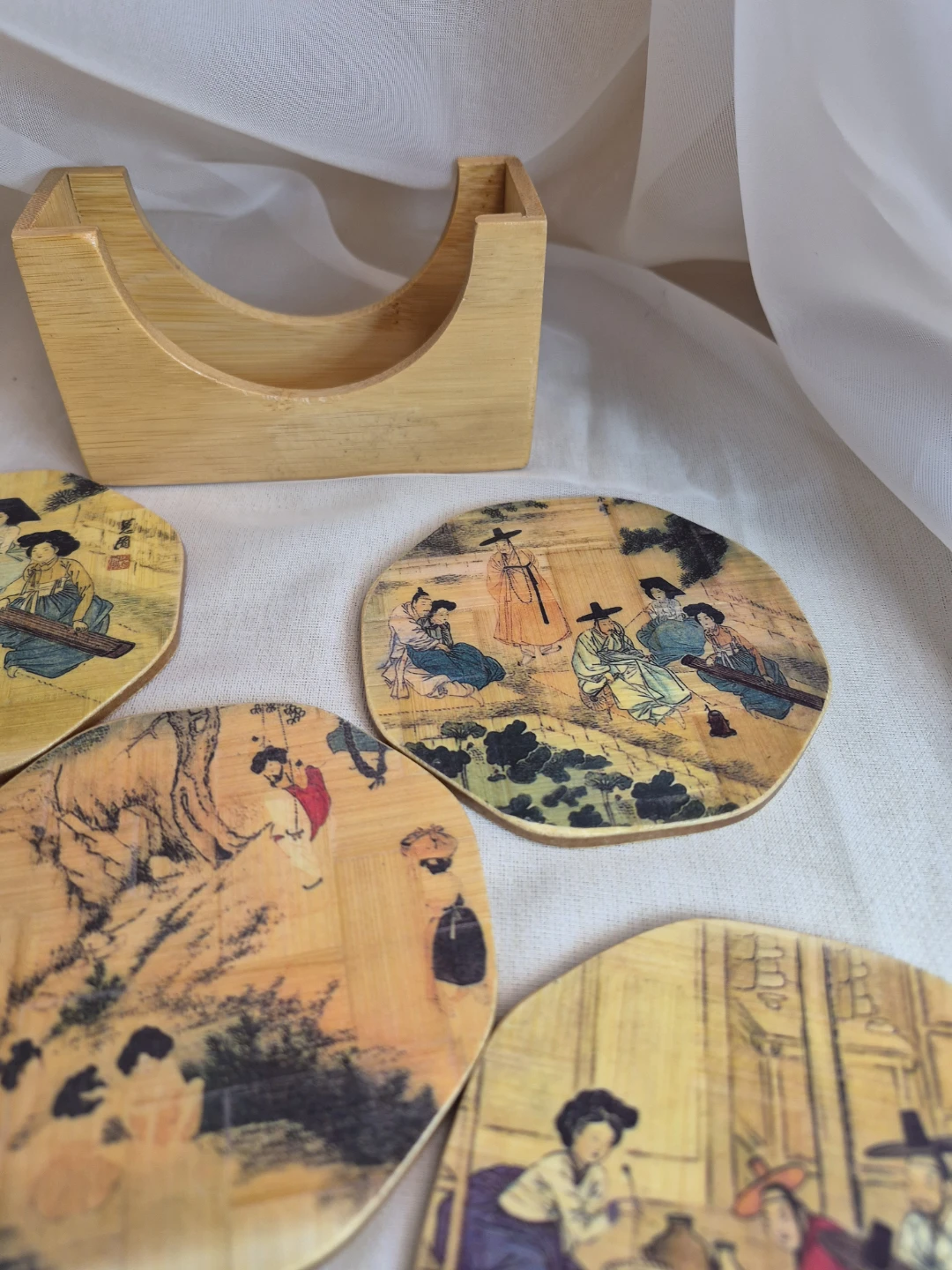 Set 6 Vintage Bamboo Coasters And Holder Asian Village DECOR - photo 3