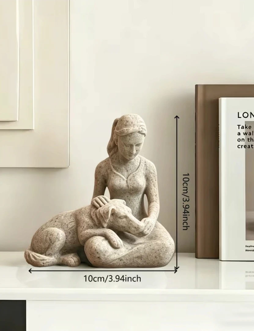 Woman & Dog Stone-Finish Resin Sculpture *new - photo 3