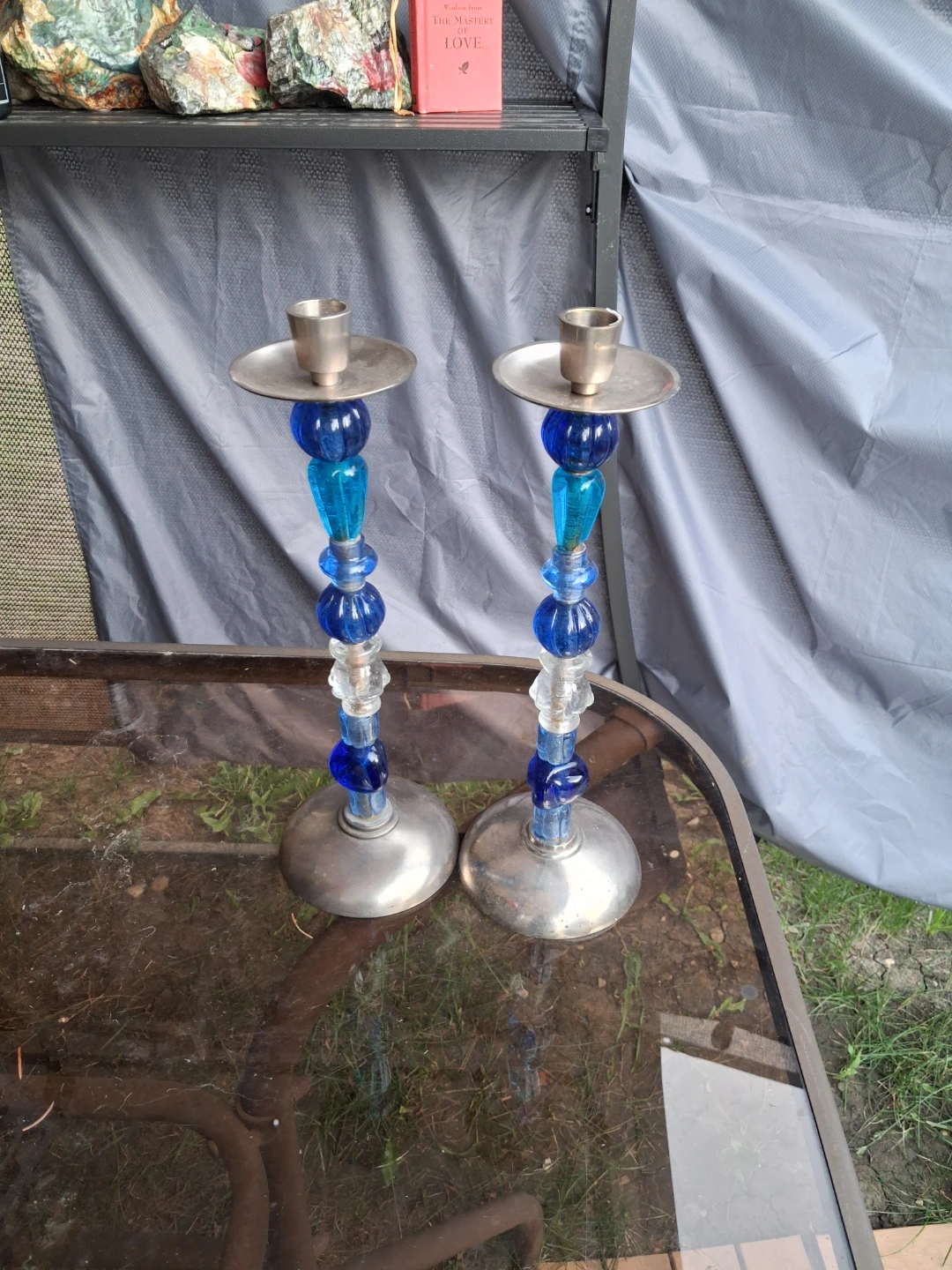 Set of 2 Blue Glass Beaded Candlesticks vintage
