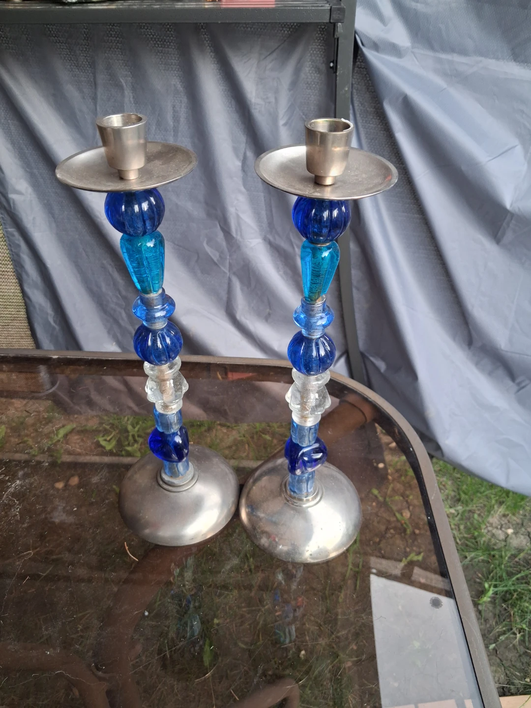Set of 2 Blue Glass Beaded Candlesticks vintage - photo 2