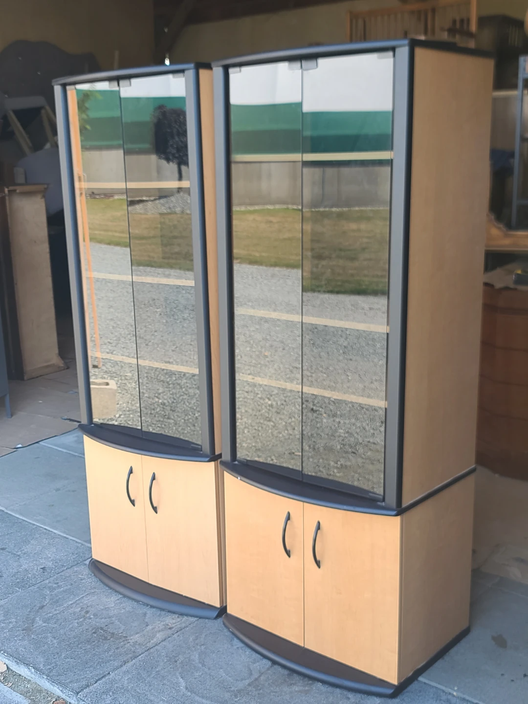 Pair of Modern Curved Glass Display Cabinets with Storage