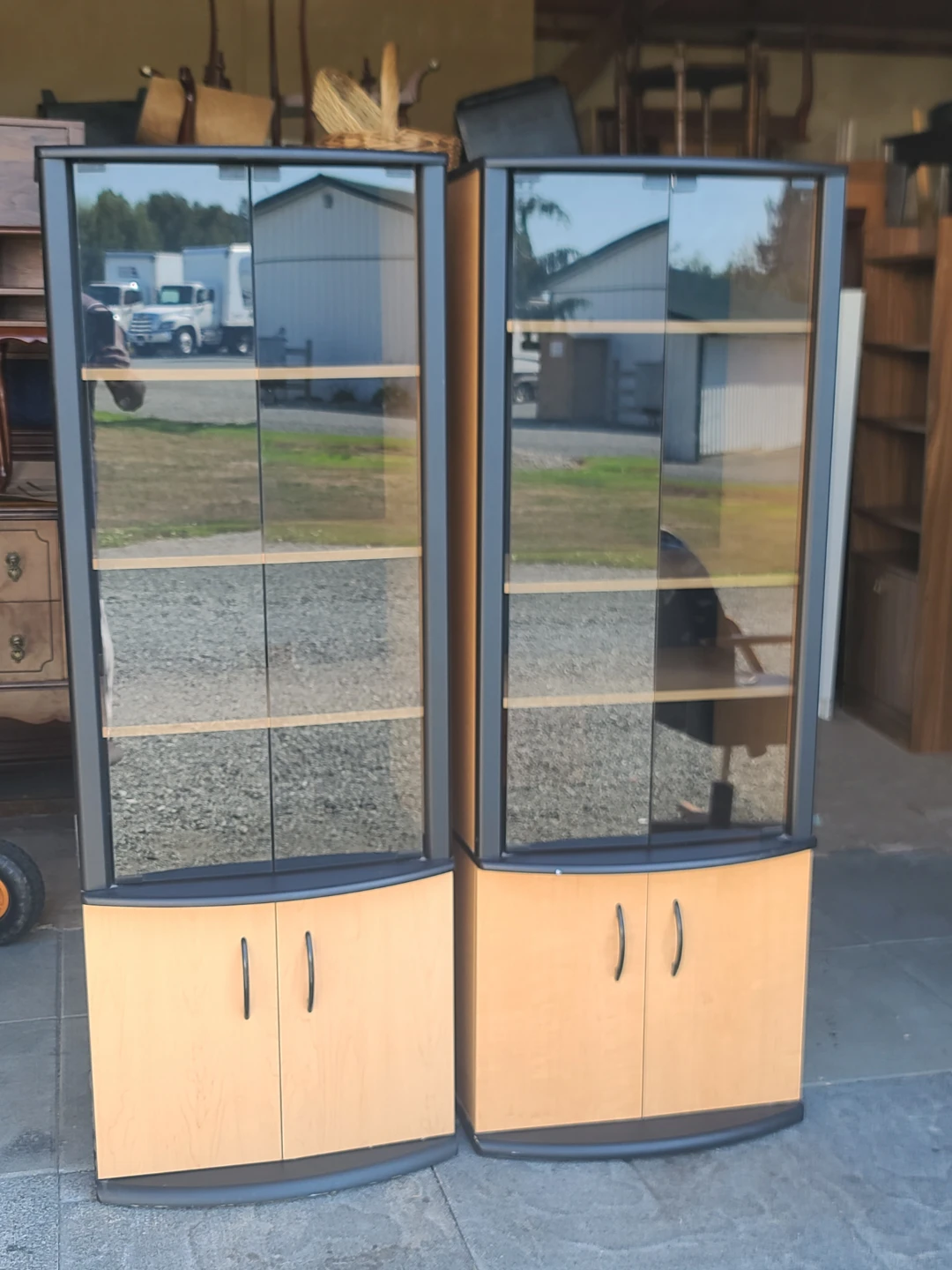 Pair of Modern Curved Glass Display Cabinets with Storage - photo 2